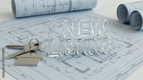 New listing concept with house keys on architectural blueprints for real estate promotion
