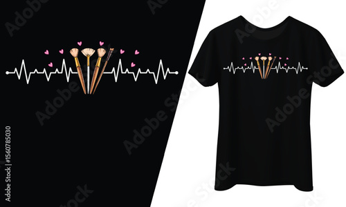 Makeup Brushes Heartbeat, Makeup Artist, T-Shirt Design.