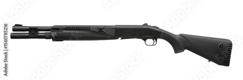 Photography Matte black tactical shotgun displayed against a clean white background