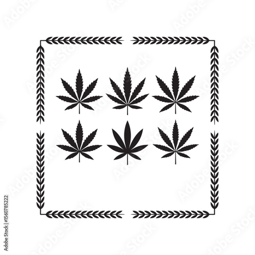 Six black marijuana leaves arranged in a grid pattern isolated on white background