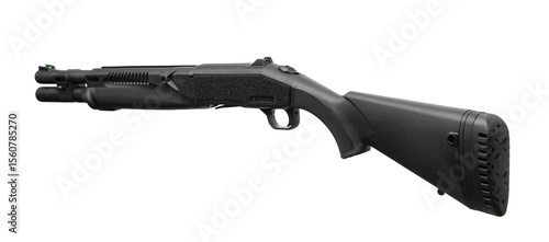 Photography Black military-style shotgun on bright white studio background