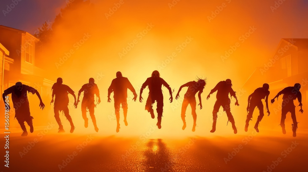 Fototapeta premium A dramatic scene depicting silhouettes of figures against a vibrant orange backdrop, evoking mystery and suspense.