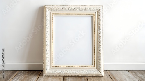 Elegant vertical picture frame mockup on wooden floor and white wall background