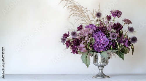 Wallpaper Mural Beautiful purple floral arrangement in a silver vase on a plain background showcasing elegance and creativity Torontodigital.ca