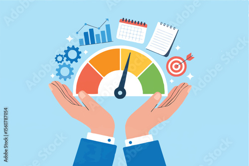 Business performance gauge held by hands isolated on transparent background