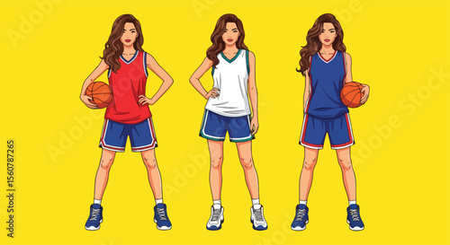 Adobe Illustrator set of vector flat style illustration of sexy pin-up girls in pop art style, showcasing their basketball skills and sporty charm