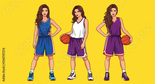 Adobe Illustrator set of vector flat style illustration of sexy pin-up girls in pop art style, showcasing their basketball skills and sporty charm