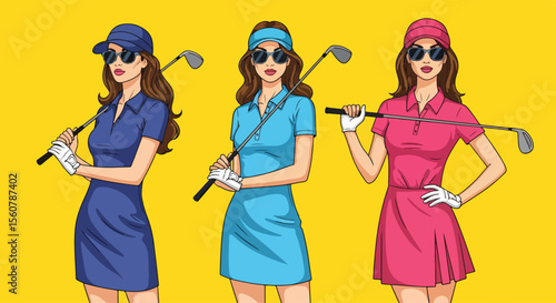 Adobe Illustrator set of vector flat style illustration of three elegant and sexy women golfers with a modern pop art touch. Perfect for sports and lifestyle designs