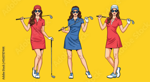 Adobe Illustrator set of vector flat style illustration of three elegant and sexy women golfers with a modern pop art touch. Perfect for sports and lifestyle designs