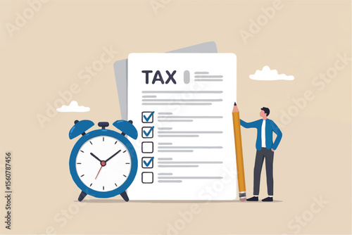 Flat cartoon vector illustration of a man filling out a tax form with a pencil next to an alarm clock isolated on transparent background