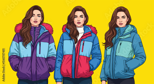 Adobe Illustrator set of vector flat style illustration of three women in colorful winter jackets, with a contemporary pop art aesthetic. Great for fashion, outdoor, and modern design projects