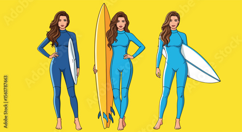 Adobe Illustrator set of vector flat style illustration of three sexy surfer girls holding surfboards, with a vibrant pop art look. Ideal for beach, summer, and active lifestyle designs