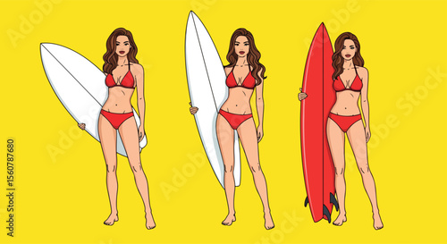 Adobe Illustrator set of vector flat style illustration of three sexy surfer girls holding surfboards, with a vibrant pop art look. Ideal for beach, summer, and active lifestyle designs