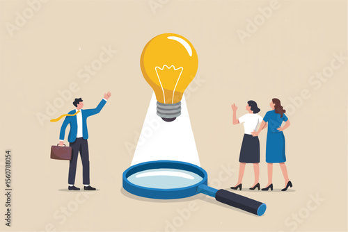 Business people observing a bright idea with a magnifying glass isolated on transparent background
