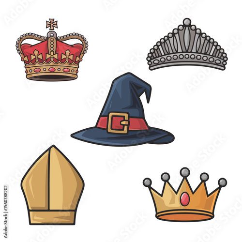 Premium Vector Collection of Royal Crowns and Fantasy Hat Icons for Creative Design and Branding Projects