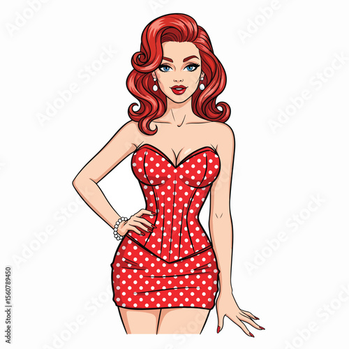 Adobe illustrator vector flat style illustration of a sexy pin-up girl in a pink polka dot dress with a pop art vibe, perfect for vintage-inspired designs
