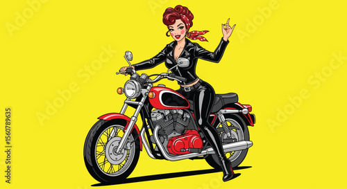 Adobe illustrator vector flat style illustration of a sexy glamorous pin-up girl  posing on a classic motorcycle in a pop art style