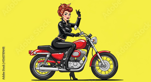 Adobe illustrator vector flat style illustration of a sexy glamorous pin-up girl  posing on a classic motorcycle in a pop art style