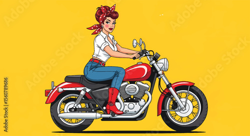 Adobe illustrator vector flat style illustration of a sexy glamorous pin-up girl  posing on a classic motorcycle in a pop art style