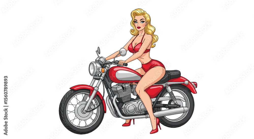 Adobe illustrator vector flat style illustration of a sexy glamorous pin-up girl  posing on a classic motorcycle in a pop art style