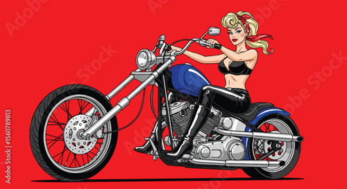 Adobe illustrator vector flat style illustration of a sexy glamorous pin-up girl  posing on a classic motorcycle in a pop art style