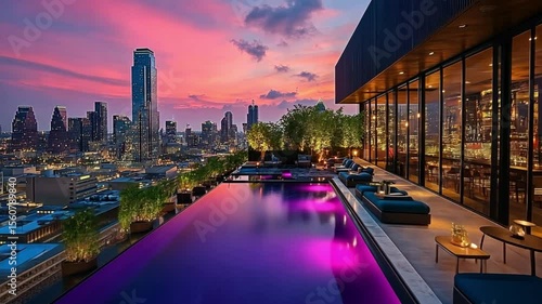 Austin Skyline Rooftop Pool at Sunset