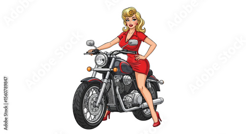 Adobe illustrator vector flat style illustration of a sexy glamorous pin-up girl  posing on a classic motorcycle in a pop art style