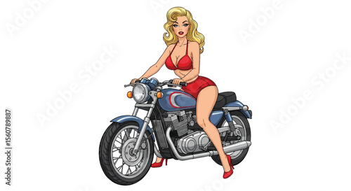 Adobe illustrator vector flat style illustration of a sexy glamorous pin-up girl  posing on a classic motorcycle in a pop art style