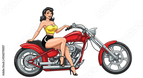 Adobe illustrator vector flat style illustration of a sexy glamorous pin-up girl  posing on a classic motorcycle in a pop art style