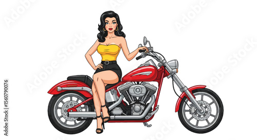Adobe illustrator vector flat style illustration of a sexy glamorous pin-up girl  posing on a classic motorcycle in a pop art style