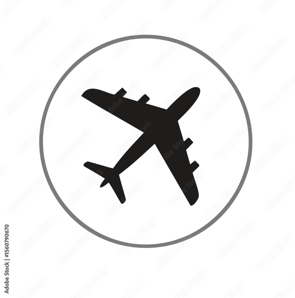 Black airplane silhouette inside a grey circle aircraft travel Black airplane silhouette inside a grey circle aircraft travel
