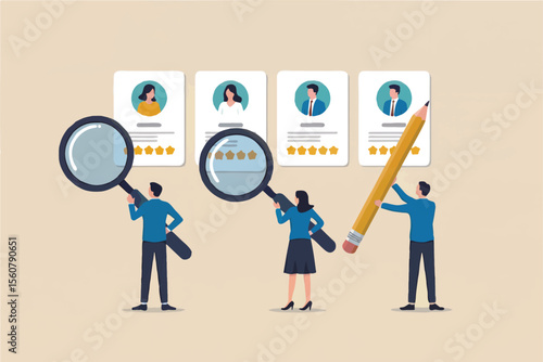 Recruitment process candidate selection job search hiring resume review talent acquisition people looking at profiles with magnifying glass and pencil isolated on transparent background