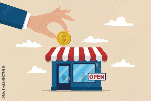 Flat cartoon vector illustration of a hand dropping a coin into a shop isolated on transparent background