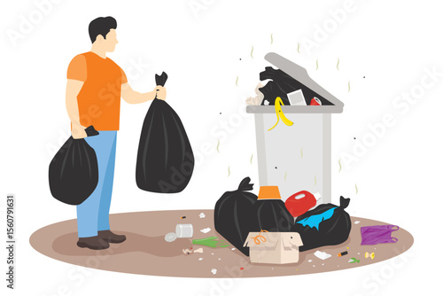 Vector illustration of a man holding garbage bags near an overflowing trash bin with scattered waste. Concept of pollution, waste management, littering, and environmental issues. Isolated on white.