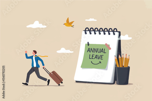 Man with suitcase running towards annual leave note isolated on transparent background