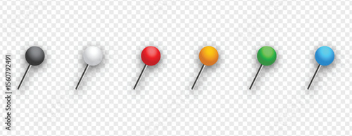 Realistic paper pins set isolated on transparent background, perfect for office supplies, presentations, stationery mockups, or digital design projects