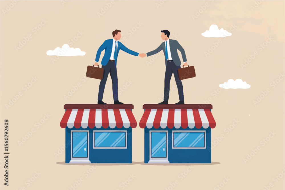 Fototapeta premium Two businessmen shaking hands on top of shops isolated on transparent background