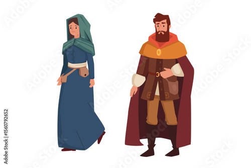 Cartoon illustration of medieval man in cape and woman in headscarf. Flat vector characters for fantasy, storybook, game design.