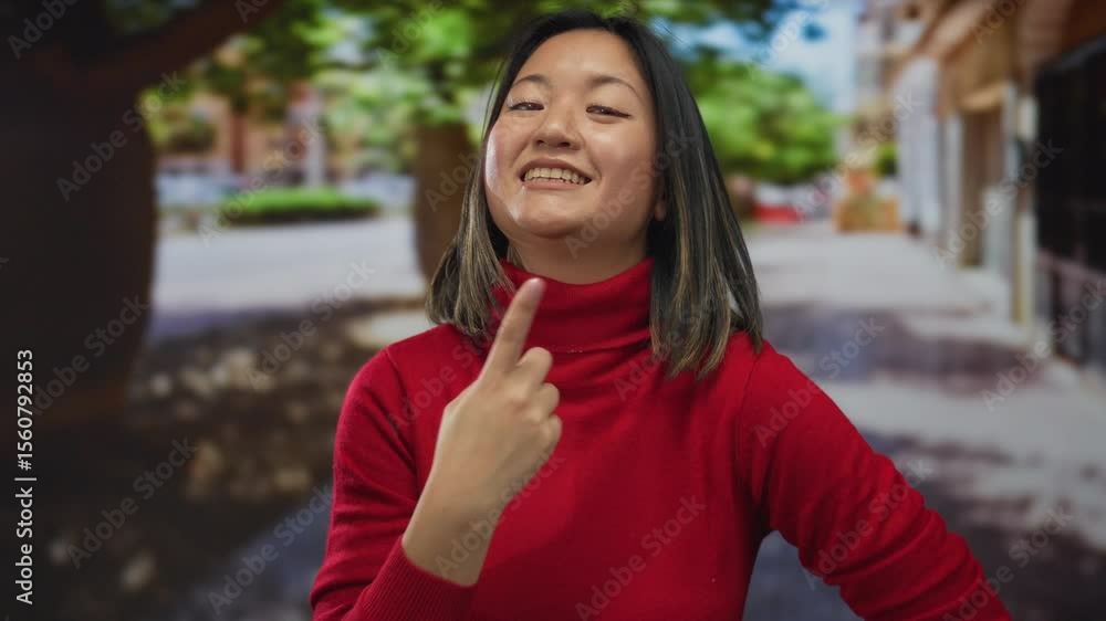 Woman smiling in red sweater points at herself on a vibrant city street, showcasing a self-assured attitude against an urban outdoor backdrop in a lively, sunny environment. Woman smiling in red sweater points at herself on a vibrant city street, showcasing a self-assured attitude against an urban outdoor backdrop in a lively, sunny environment.