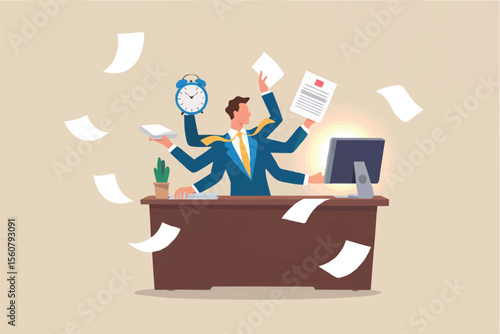 Busy businessman juggling tasks with multiple arms isolated on transparent background