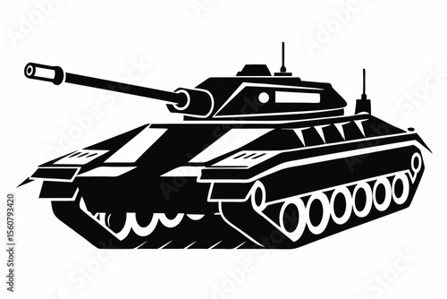 Stylized Black Silhouette Depiction of a Battle Tank with Tracks and Gun Turret
