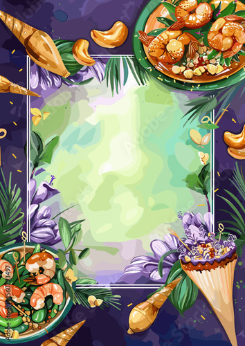 Seafood platter with tropical elements and blank space for text  