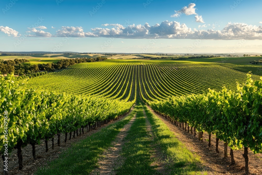 Fototapeta premium Expansive vineyard landscape under a vibrant sky. Rows of green vines stretch into the distance, converging on a path