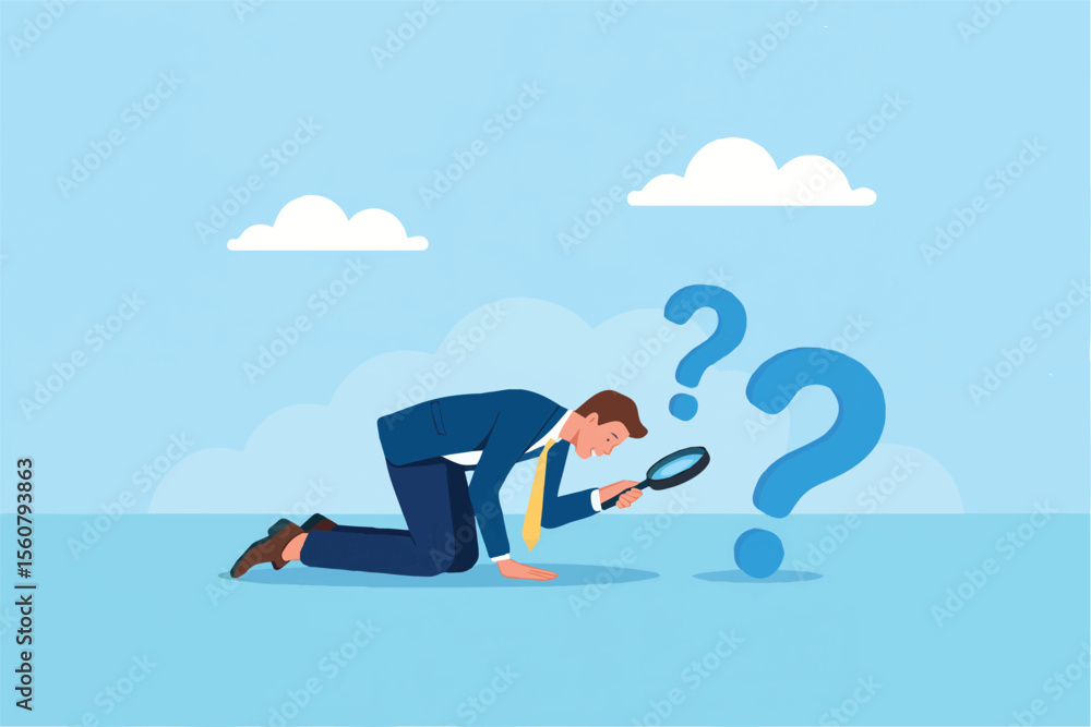 Man examining question marks with a magnifying glass isolated on transparent background Man examining question marks with a magnifying glass isolated on transparent background