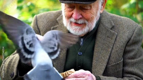 Elderly Man Smiling While Feeding Birds