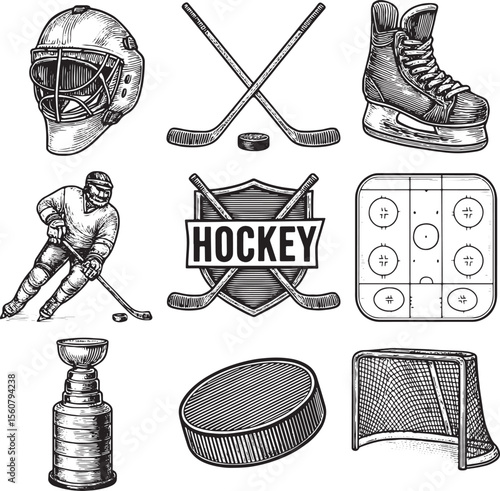 Explore vintage hockey gear, player, sticks, puck, skates, trophy, and goal in this detailed illustration set for sports designs