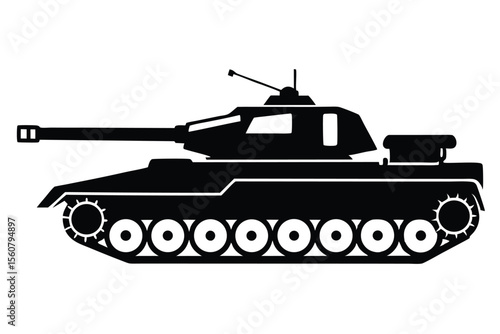 Bold Black Silhouette of Military Tank Featuring Intricate Track Details and Prominent Gun Barrel