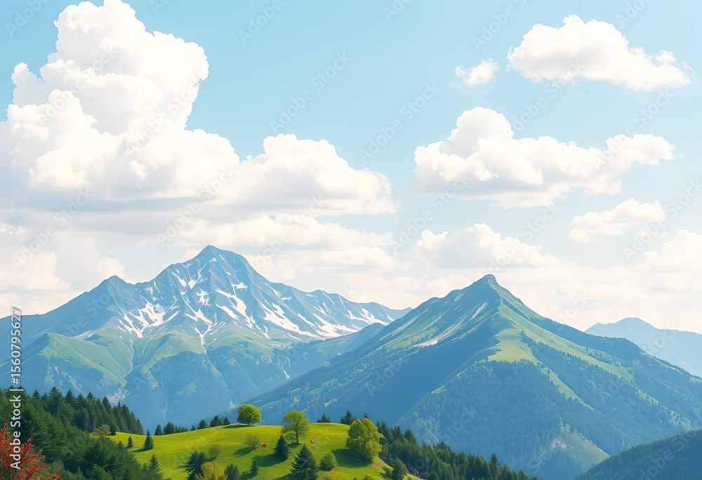 Fototapeta premium Summer mountain landscape with fluffy white clouds, paper cut style illustration, craft, elegance