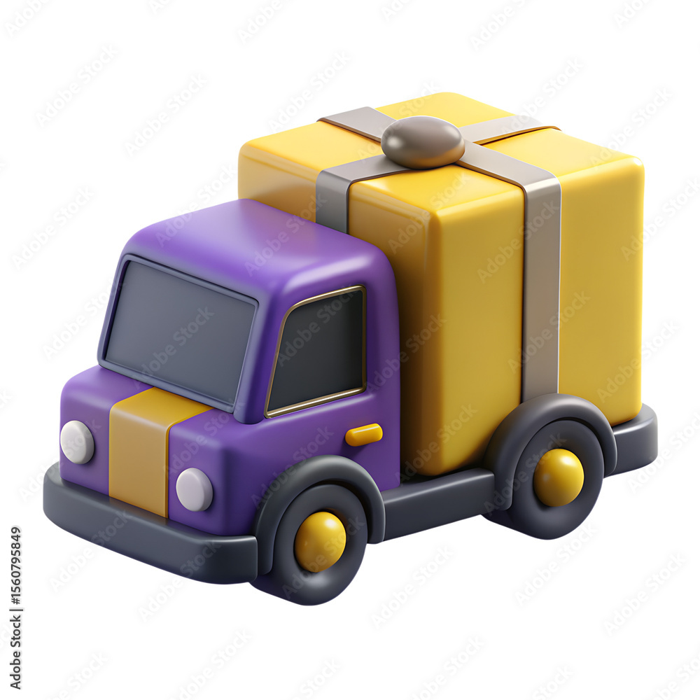 Cute purple and yellow cartoon truck delivering a large yellow gift box isolated on transparent background Cute purple and yellow cartoon truck delivering a large yellow gift box isolated on transparent background