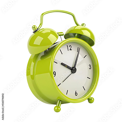 A bright green alarm clock with classic style rings to awaken you to a new day or to mark a timely notification.